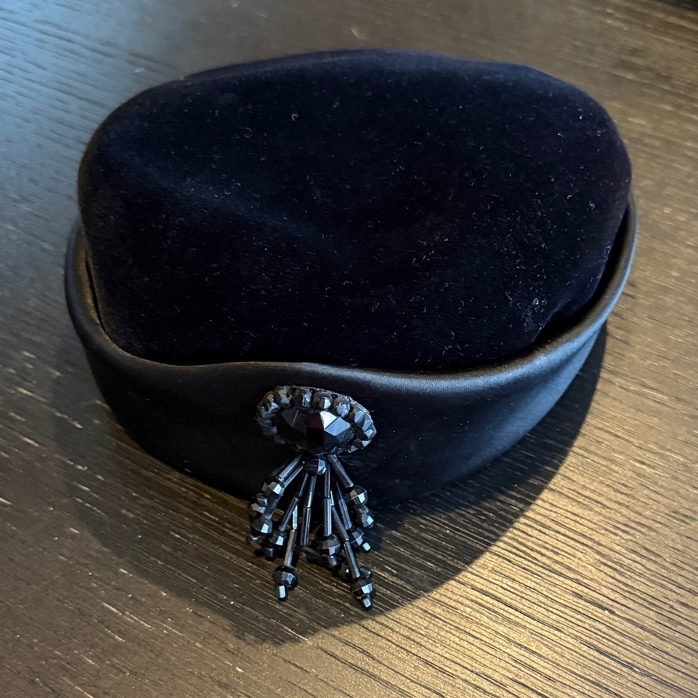 Mr. Arnold Chic Black Velvet Women's Hat with Beaded Accent and Satin Lining